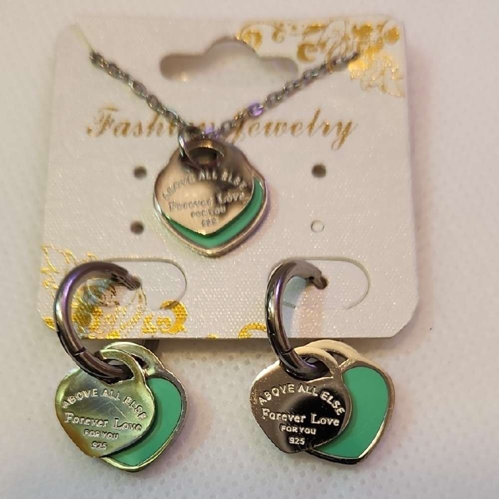 18K Gold Plated Jewelry Silver and Green Heart Necklace Set